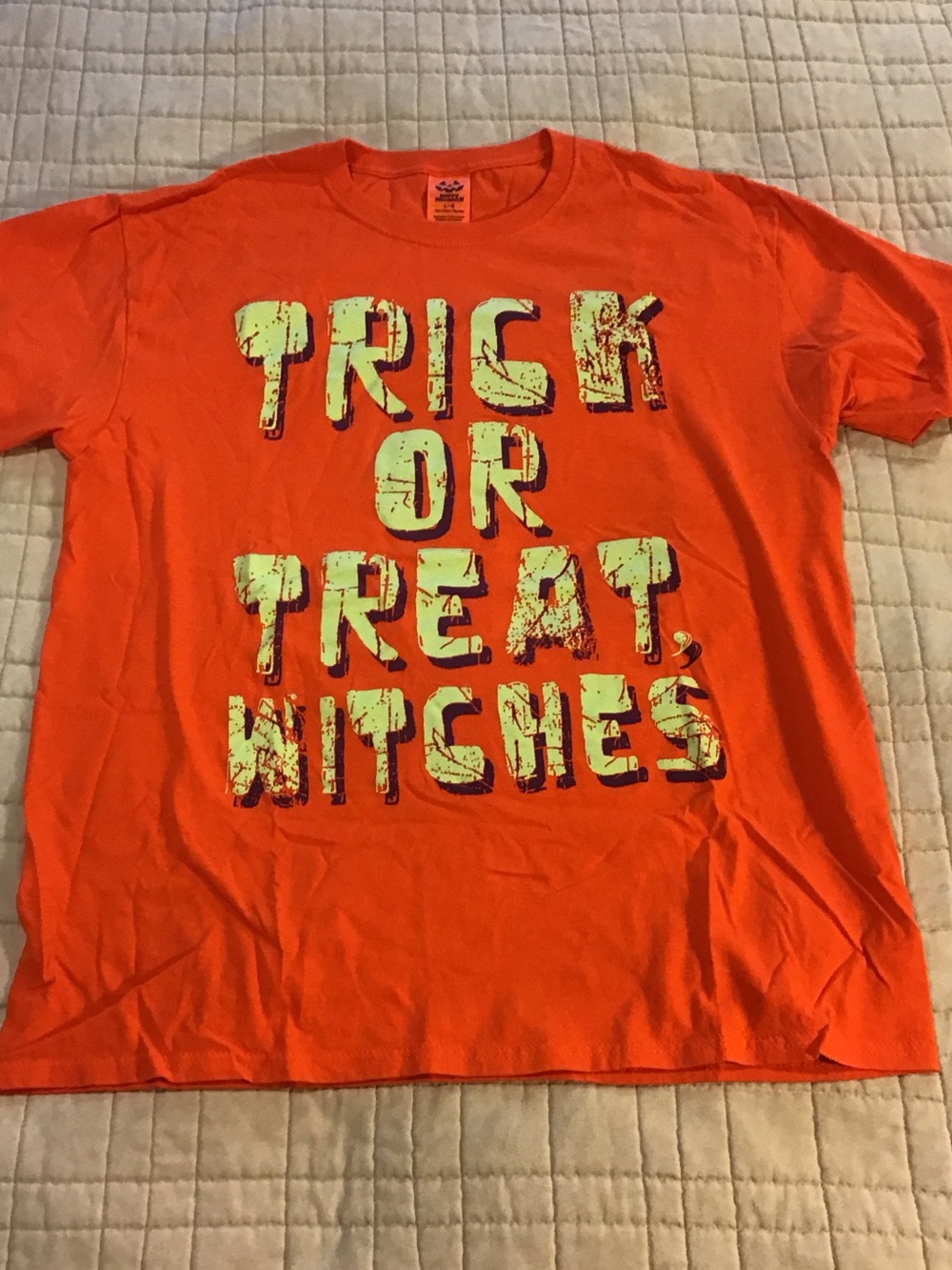Women's Orange Short Sleeve Graphic Tee - 'Trick or Treat, Witches'